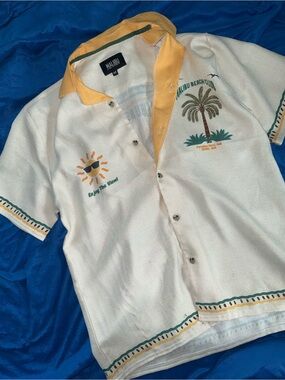 Malibu White & Yellow Embroidered Palm Button-Up Shirt